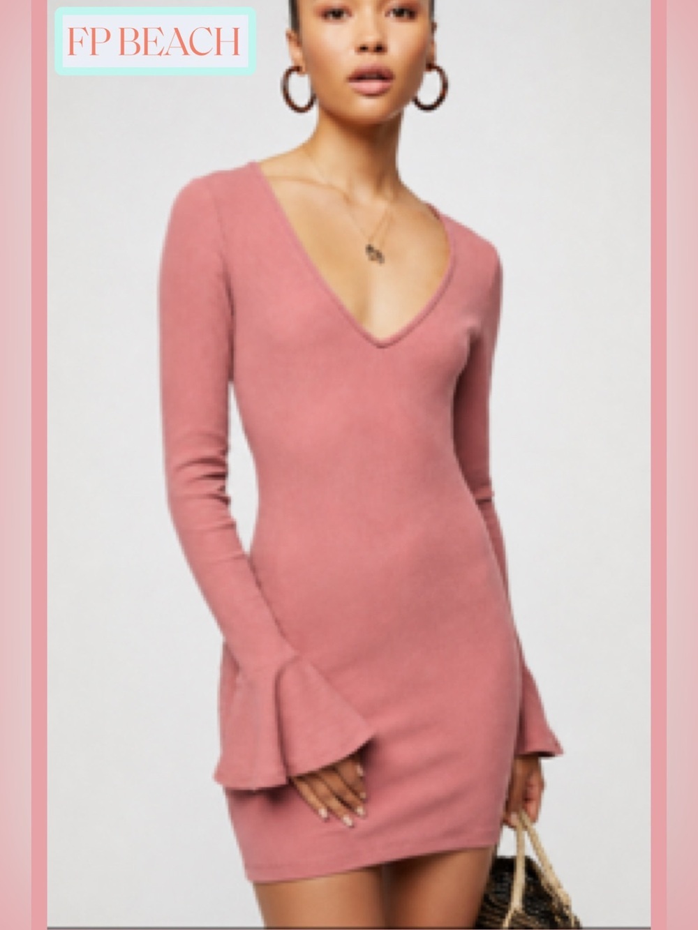 Free People Beach Who Needs Sleep Ribbed Long Sleeve Mini Dress Large